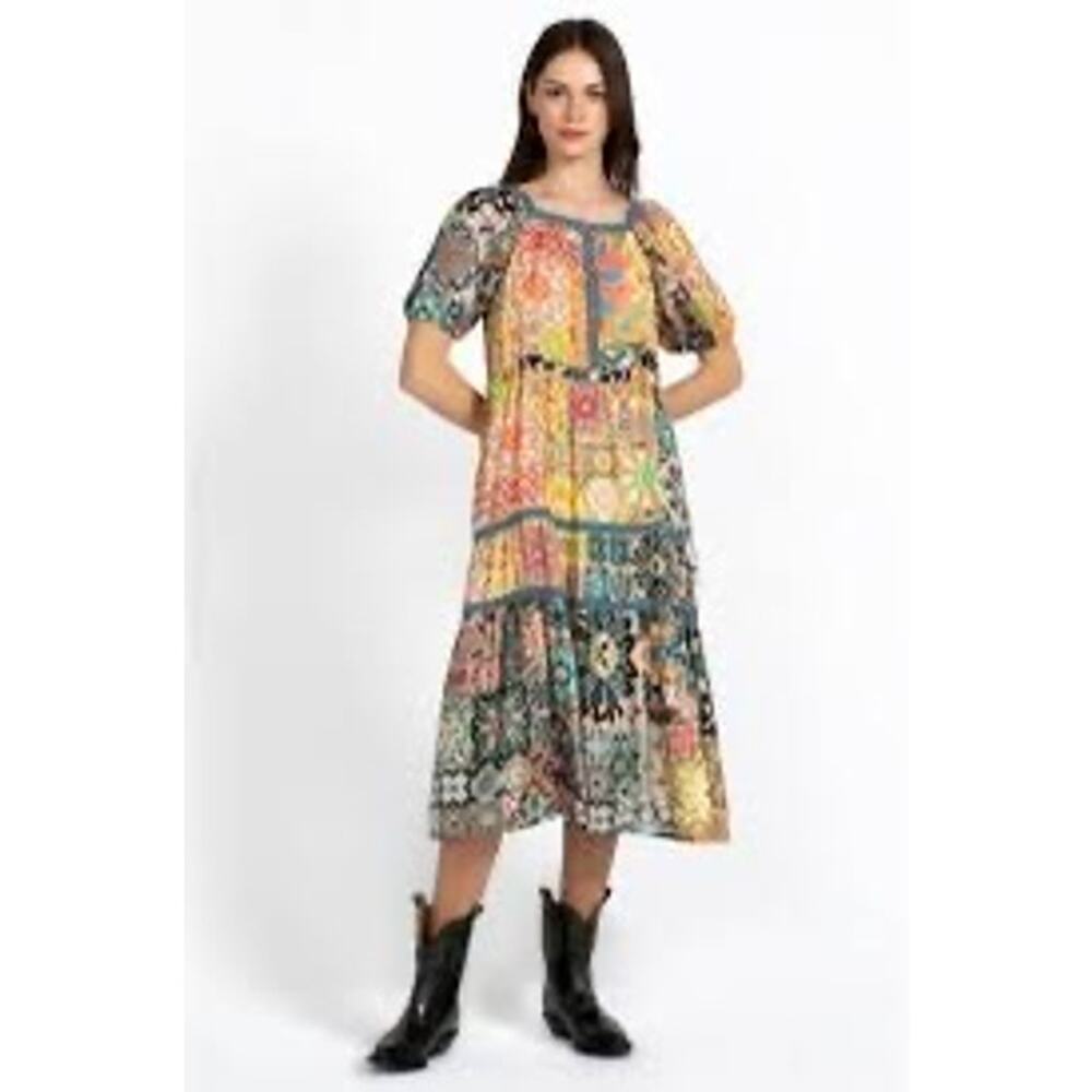 Johnny Was Kaleida Zenovia Silk Puff Sleeve Tiered Skirt Dress Boho XS No Slip